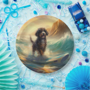 Bernedoodle Beach Surfing Painting  Paper Plate