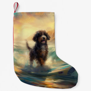 Bernedoodle Beach Surfing Painting  Small Christmas Stocking