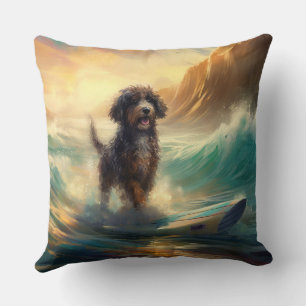 Bernedoodle Beach Surfing Painting  Throw Pillow