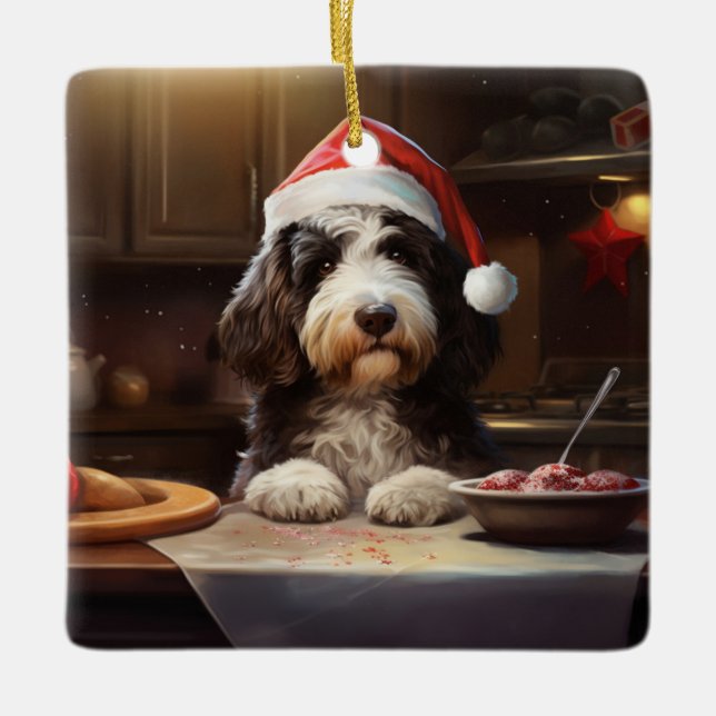 Bernedoodle Christmas Cookies Festive Holiday Ceramic Ornament (Front)