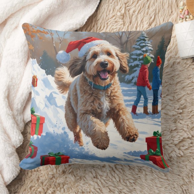 Bernedoodle Christmas Festive Snow Scene Throw Pillow (Blanket)