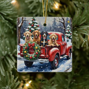 Bernedoodle Christmas Red Truck Holiday Ceramic Ornament