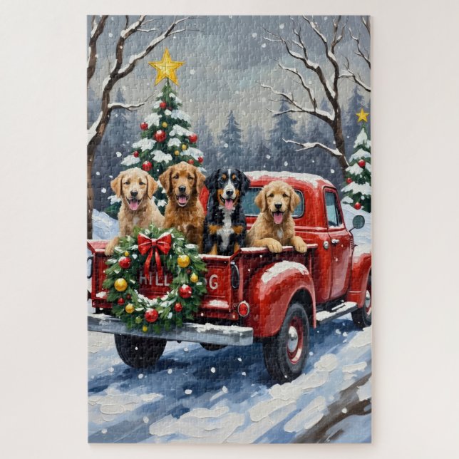 Bernedoodle Christmas Red Truck Holiday Jigsaw Puzzle (Vertical)