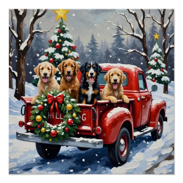 Bernedoodle Christmas Red Truck Holiday Poster (Front)