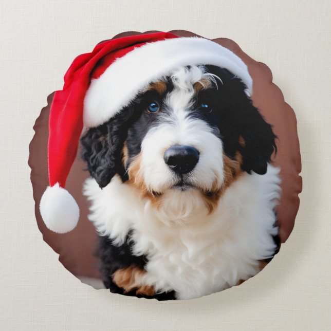 Bernedoodle Christmas Round Pillow (Front)