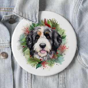 Bernedoodle Christmas Wreath Festive Pup 6 Inch Round Button