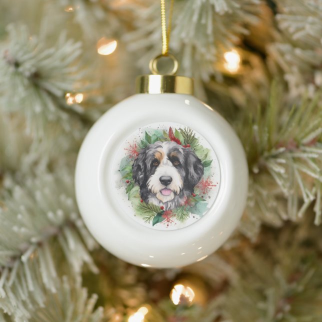 Bernedoodle Christmas Wreath Festive Pup Ceramic Ball Christmas Ornament (Tree)