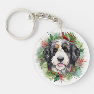Bernedoodle Christmas Wreath Festive Pup Keychain