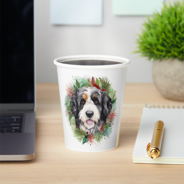 Bernedoodle Christmas Wreath Festive Pup Paper Cups (Insitu)