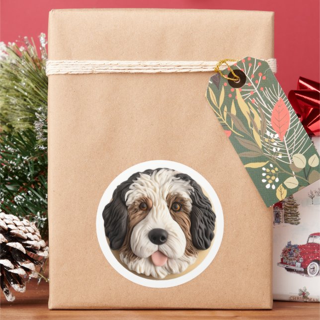 Bernedoodle Dog 3D Inspired Classic Round Sticker (Holiday)