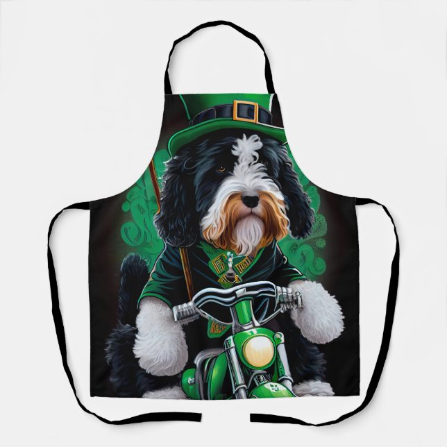 Bernedoodle Dog driving bike St. Patrick's Day Apron (Front)
