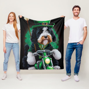 Bernedoodle Dog driving bike St. Patrick's Day Fleece Blanket