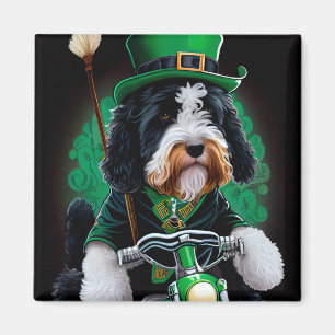 Bernedoodle Dog driving bike St. Patrick's Day Magnet