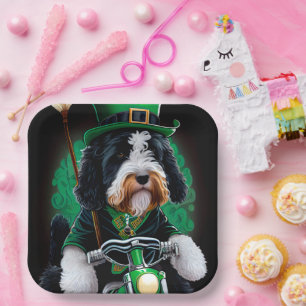 Bernedoodle Dog driving bike St. Patrick's Day Paper Plate