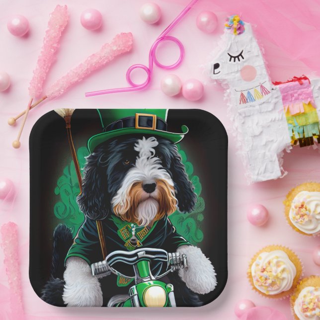 Bernedoodle Dog driving bike St. Patrick's Day Paper Plate (Party)