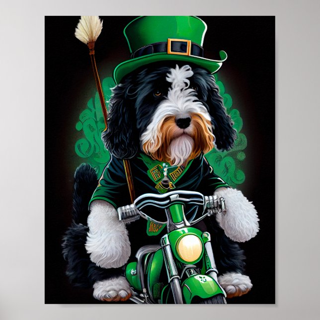 Bernedoodle Dog driving bike St. Patrick's Day Poster (Front)