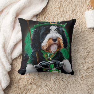 Bernedoodle Dog driving bike St. Patrick's Day Throw Pillow