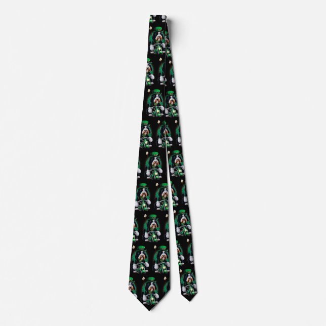 Bernedoodle Dog driving bike St. Patrick's Day Tie (Front)