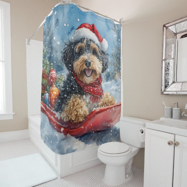 Bernedoodle Dog in Sledge Let it Snow Christmas (In Situ)