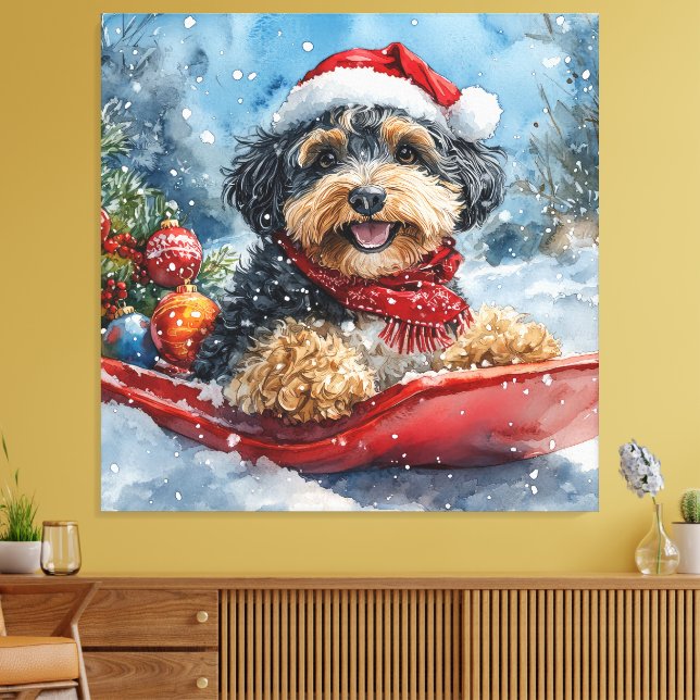 Bernedoodle Dog in Sledge Let it Snow Christmas Canvas Print (Insitu(LivingRoom))