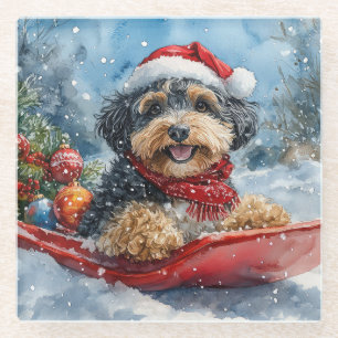Bernedoodle Dog in Sledge Let it Snow Christmas Glass Coaster