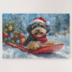 Bernedoodle Dog in Sledge Let it Snow Christmas Jigsaw Puzzle