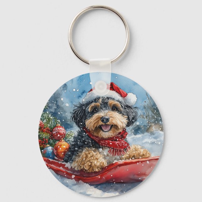 Bernedoodle Dog in Sledge Let it Snow Christmas Keychain (Front)
