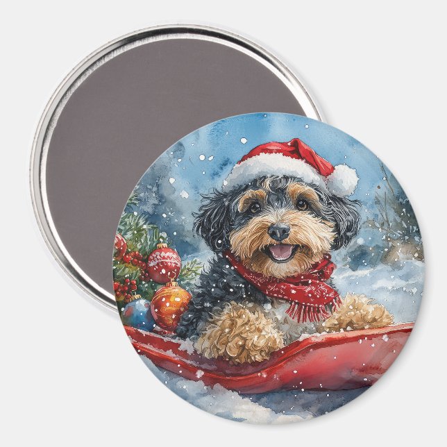 Bernedoodle Dog in Sledge Let it Snow Christmas Magnet (Front/Back)