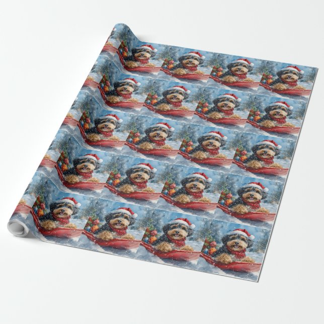 Bernedoodle Dog in Sledge Let it Snow Christmas Wrapping Paper (Unrolled)