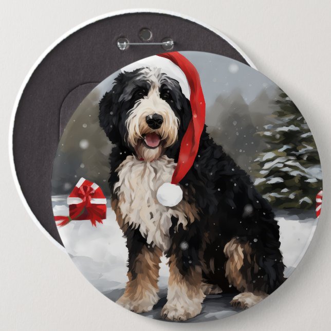 Bernedoodle Dog in Snow Christmas  6 Inch Round Button (Front & Back)
