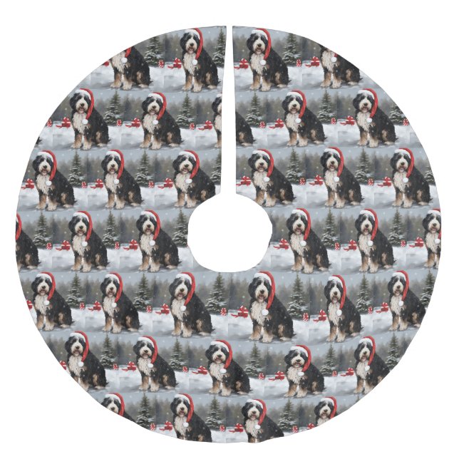 Bernedoodle Dog in Snow Christmas  Brushed Polyester Tree Skirt (Front)