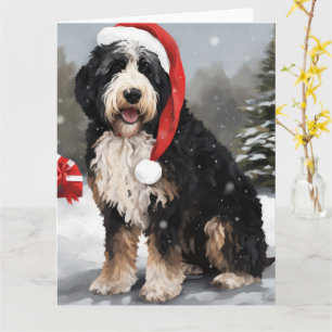 Bernedoodle Dog in Snow Christmas  Card