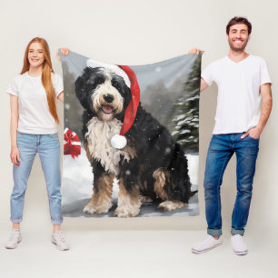 Bernedoodle Dog in Snow Christmas  Fleece Blanket