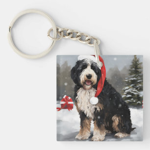 Bernedoodle Dog in Snow Christmas  Keychain