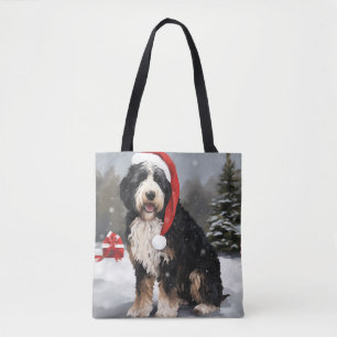 Bernedoodle Dog in Snow Christmas  Tote Bag
