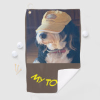 Bernedoodle dog in yellow golf cap photo 