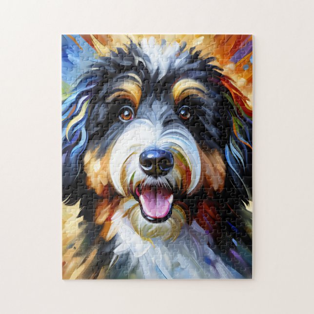 Bernedoodle Dog Portrait Acrylic Art Print Dog Jigsaw Puzzle (Vertical)