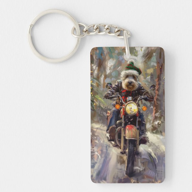 Bernedoodle Dog Riding Motorcycle Christmas  Keychain (Front)
