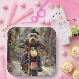 Bernedoodle Dog Riding Motorcycle Christmas  Paper Plate