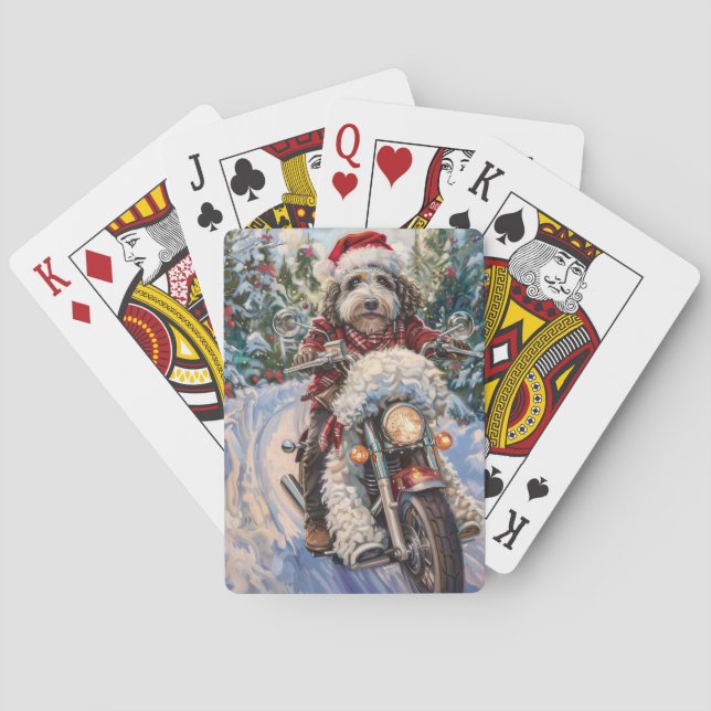 Bernedoodle Dog Riding Motorcycle Christmas Playing Cards (Back)