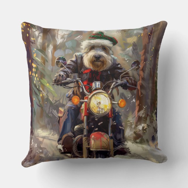 Bernedoodle Dog Riding Motorcycle Christmas  Throw Pillow (Back)