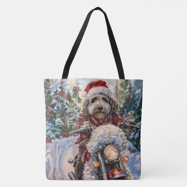 Bernedoodle Dog Riding Motorcycle Christmas Tote Bag (Front)