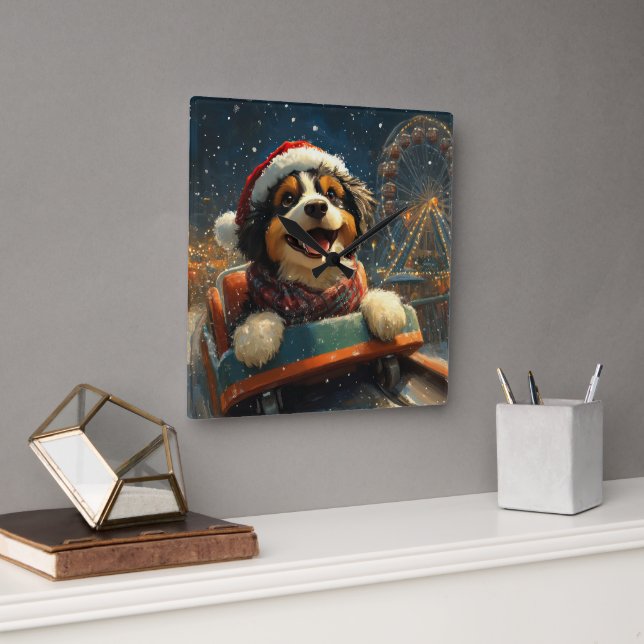 Bernedoodle Dog Roller Coaster Christmas  Square Wall Clock (Office)