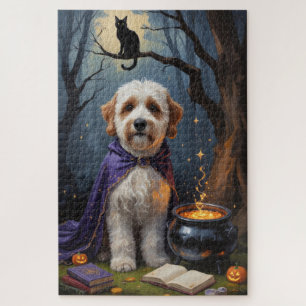 Bernedoodle Dog Whimsical Halloween Painting Jigsaw Puzzle