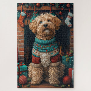 Bernedoodle Dog with Christmas Gifts Fireplace Jigsaw Puzzle