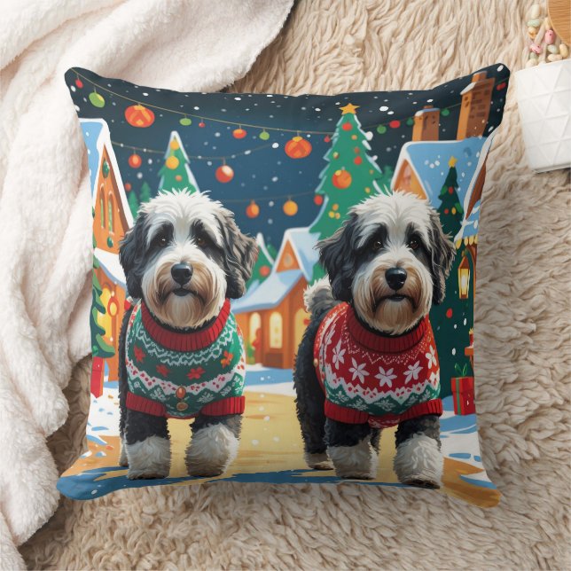 Bernedoodle Dogs Christmas Snow Holiday Throw Pillow (Blanket)