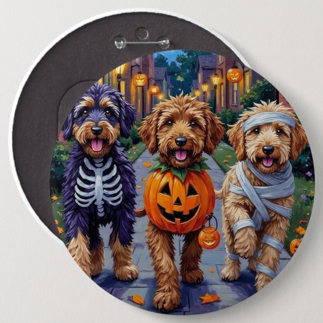 Bernedoodle Dogs Trick-or-Treating in Halloween Co 6 Inch Round Button (Front & Back)