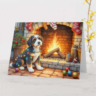 Bernedoodle Fireplace with Christmas Lights Card