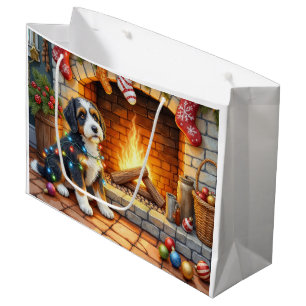 Bernedoodle Fireplace with Christmas Lights Large Gift Bag