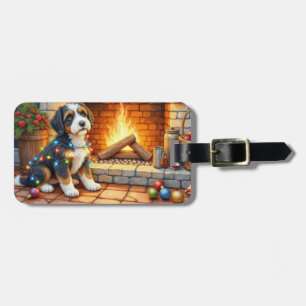 Bernedoodle Fireplace with Christmas Lights Luggage Tag